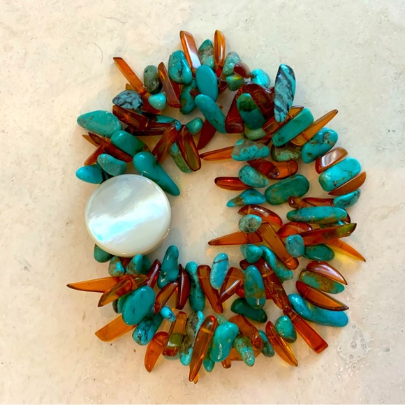 Three Strand Amber & Turquoise Bracelet - Picture 2 of 3
